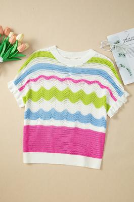 Crochet Knit Ruffled Short Sleeve Sweater Top