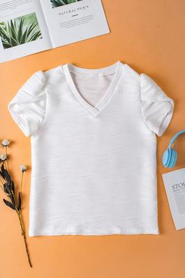 White Solid Color Textured V Neck Short Sleeve Top