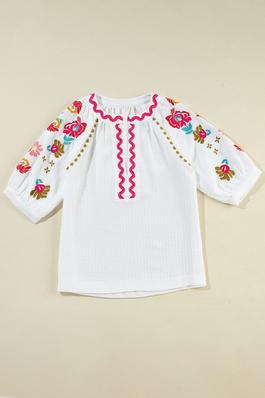 Embroidered Ricrac Puff Sleeve Textured Blouse
