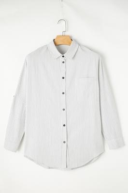 Black Stripe Roll-tab Sleeve Pocketed Long Shirt