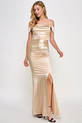 Off Shoulder Satin with spaghetti Long Dress