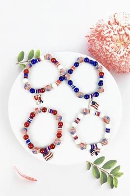 4TH OF JULY BEADED BRACELET WITH USA FLAG CHARM