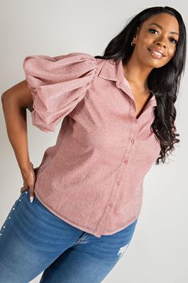 SHIRRED PUFF SLEEVE BUTTON DOWN TOP