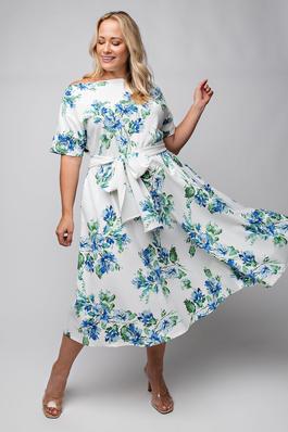 PLUS SIZE BOAT NECK FLARE DRESS WITH SELF BELT
