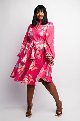 PLUS FLORAL BALLOON SLEEVE FIT AND FLARE DRESS