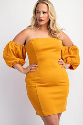 PLUS SIZE SHORT OFF SHOULDER DRESS WITH BUBBLE SLEEVES