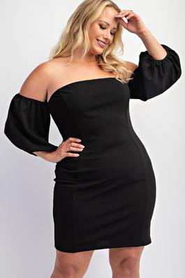 PLUS SIZE SHORT OFF SHOULDER DRESS WITH BUBBLE SLEEVES