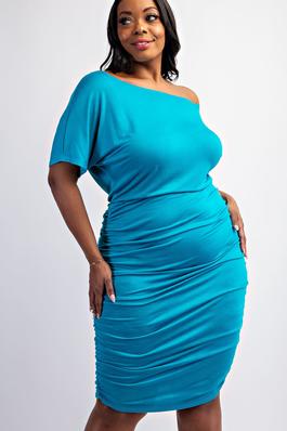 PLUS SIZE OFF SHOULDER KNIT MIDI DRESS WITH RUCHED SIDE