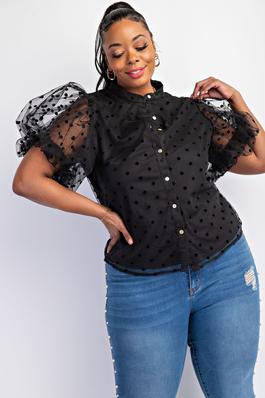PLUS SIZE DOT MESH KNIT SHIRT WITH PUFF SLEEVE