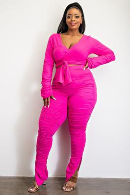 PLUS SIZE RUCHED SLEEVE WRAP TOP AND LEGGING SET