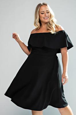 PLUS SIZE FIT AND FLARE OFF SHOULDER RUFFLE DRESS