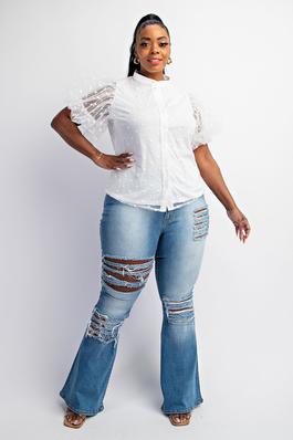 PLUS SIZE DOT MESH KNIT SHIRT WITH PUFF SLEEVE