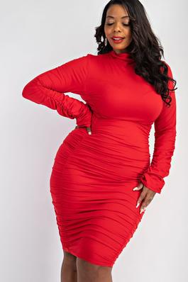 PLUS SIZE ALL OVER SHIRRED MOCK NECK DRESS
