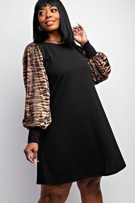 PLUS SIZE SHIFT DRESS WITH BURNOUT LONG SLEEVES