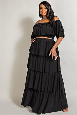 PLUS SIZE TIERED RUFFLE TOP AND SKIRT SET
