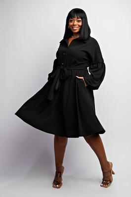 PLUS BUTTON FRONT FIT AND FLARE DRESS WITH POCKETS