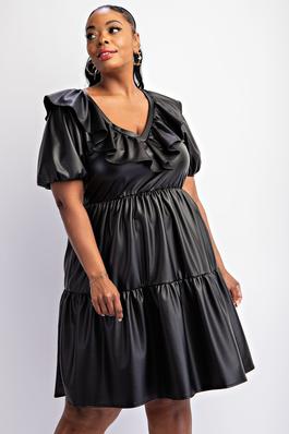 PLUS SIZE FAUX LEATHER TIERED PUFF SLEEVE SHORT DRESS