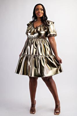 PLUS SIZE FAUX LEATHER TIERED PUFF SLEEVE SHORT DRESS