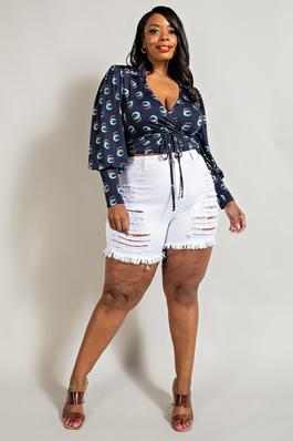 PLUS SIZE COLLAR WRAP TOP WITH BALLOON SLEEVE