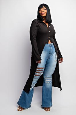 PLUS SIZE RIB-KNIT CARDIGAN WITH BUTTON UP FRONT