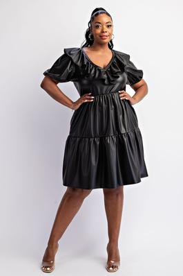PLUS SIZE FAUX LEATHER TIERED PUFF SLEEVE SHORT DR