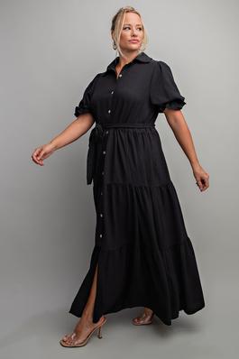 PLUS SIZE BUTTON FRONT MAXI DRESS WITH TIERD HEM