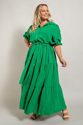 PLUS SIZE BUTTON FRONT MAXI DRESS WITH TIERD HEM