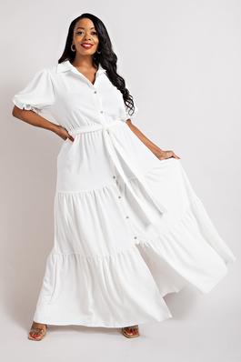 PLUS SIZE BUTTON FRONT MAXI DRESS WITH TIERD HEM