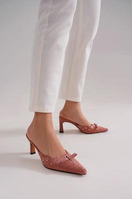 WOMENS SCALLOP EDGE BOW HEELED MULES 
