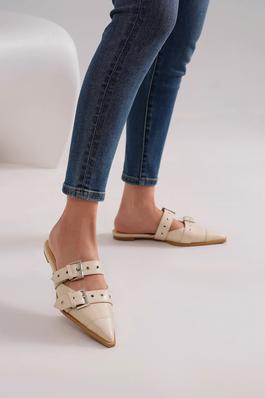WOMENS BUCKLE STRAPPY POINTY SLIP ON FLATS MULES