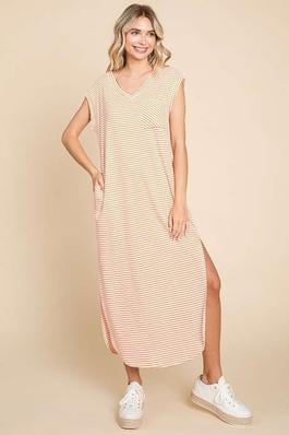 V Neck Oversize Sleeveless Stripe Maxi Dress