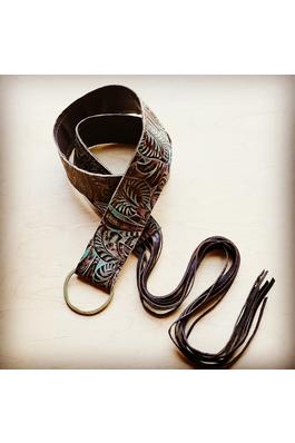 Brown Floral Leather Belt with Leather Fringe