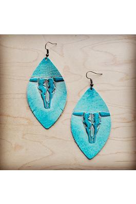 Leather Oval Earrings in Turquoise Steer w/ Turq