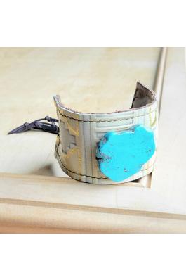 Wide Gilded Navajo Leather Cuff w/ Turquoise Slab