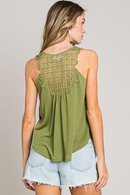 Sleeveless Back Lace Patch Crinkle Knit Swing Top 