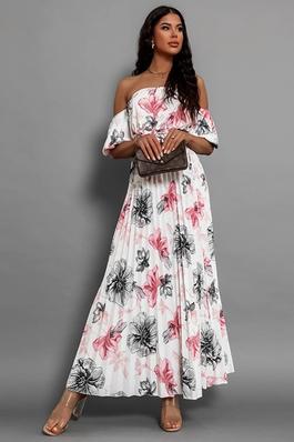 SEXY LINE NECK PLEATED PRINTED LONG DRESS
