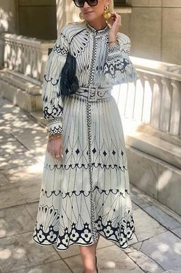 LONG-SLEEVED PRINTED DRESS WITH BELT BUCKLE