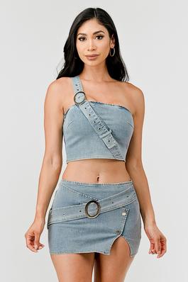 Stretched Denim Skirt with Belt