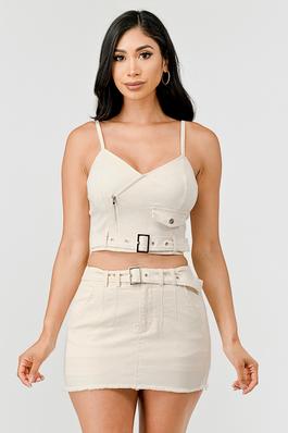 Washed Twill Mini Skirt with Belt
