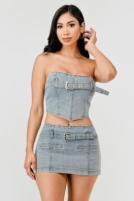 Stretched Denim Top with Buckle