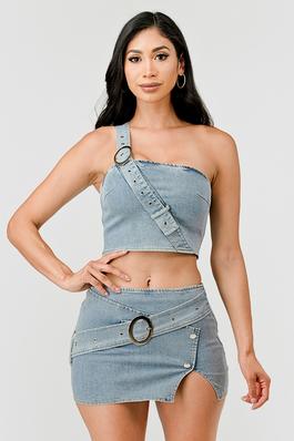 Washed Denim Top with One Strap