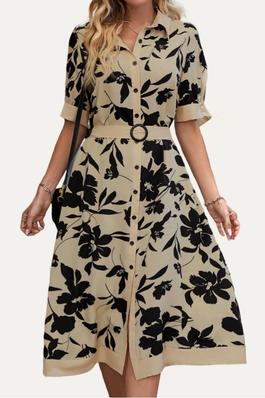 Vintage Floral Print Collared Button-Up Belted Maxi Dress