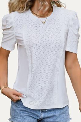 Lively White Pierced Crochet Trim Short Sleeve Top