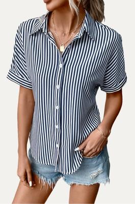 Classic Striped Print Collared Button-Up Short Sleeve Shirt