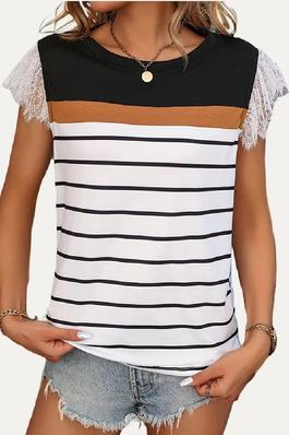 Chic Striped Round Neck Short Lace Sleeve Top