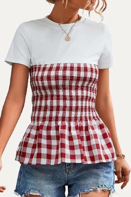 Cute Plaid Pattern Round Neck Smocked Short Sleeve Top