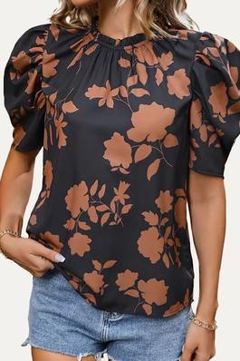 Cute Print Rounded Neck Keyhole Puff Short Sleeve Top