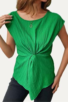 Trendy Green Textured Short Sleeve Twist-Front Top