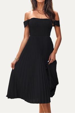 Flirty Black Off-the-Shoulder Short Sleeve Pleated Midi Dress