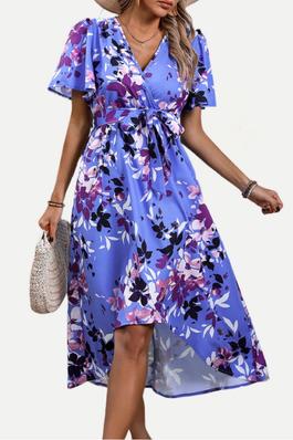Never Outdated Floral Printed Short Sleeve High-Low Midi Dress